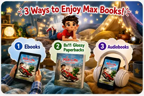 3 Ways to Enjoy Max Books: ebooks, 8x11 glossy paperbacks, and audiobooks