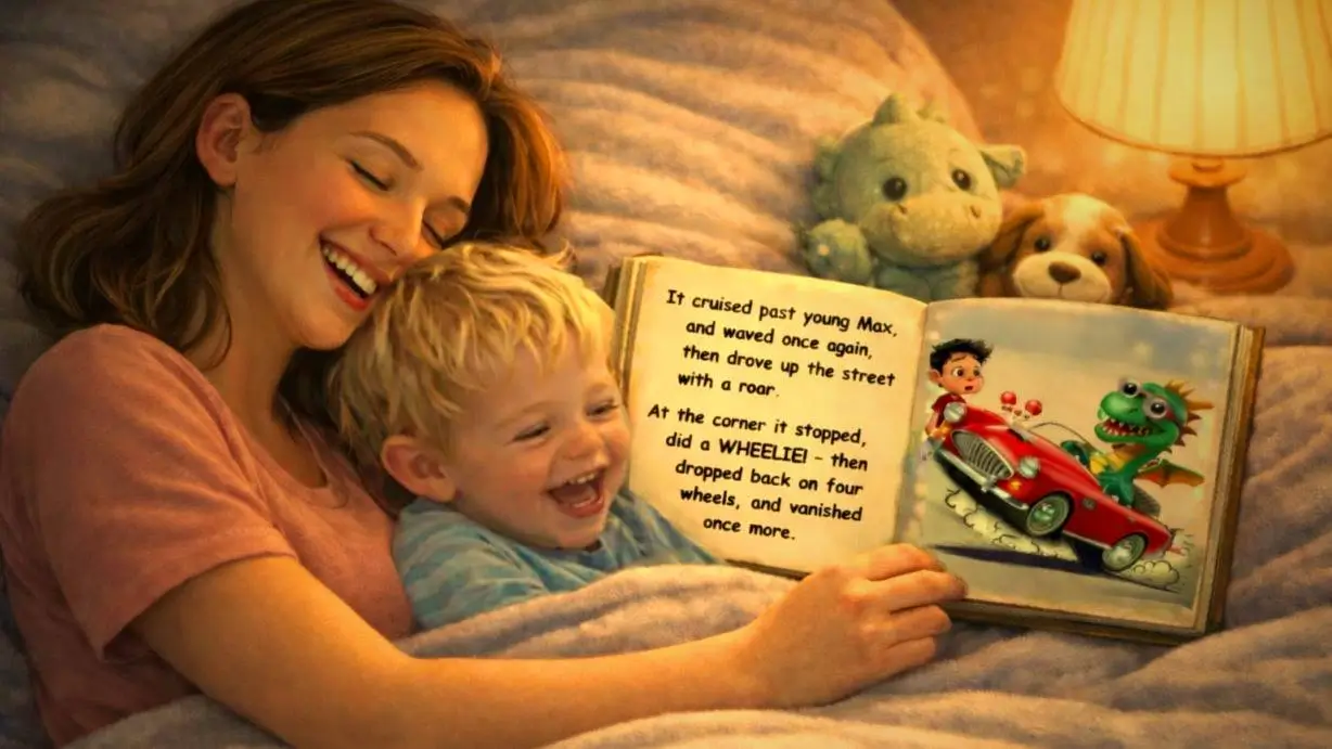 Mom reading a MAX book at bedtime with her child
