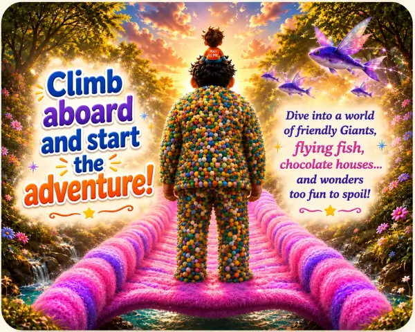 MAX riding on the friendly giant's hair across a cotton candy bridge