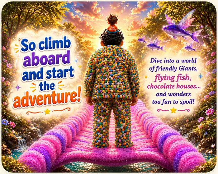 MAX riding on the friendly giant's hair across a cotton candy bridge