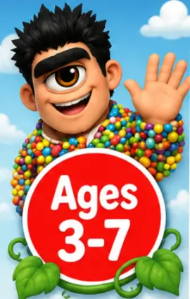 Friendly giant waving with Ages 3 to 7 badge
