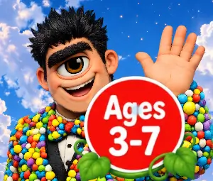 Friendly giant waving with Ages 3 to 7 badge
