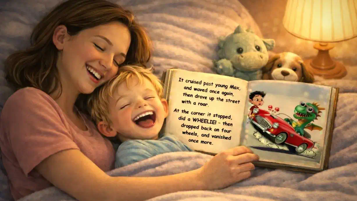 Mom reading a MAX book at bedtime with her child