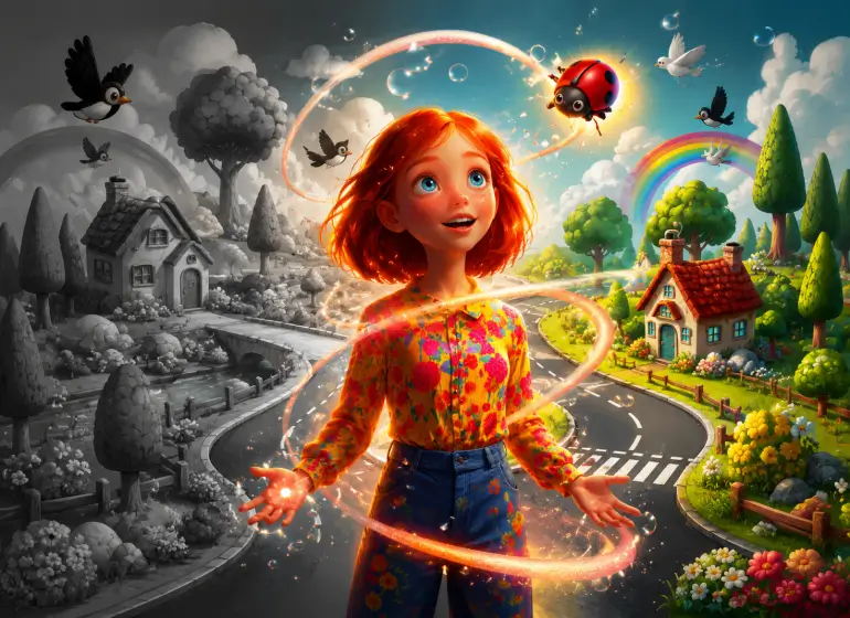Girl being colored by magic lady bug