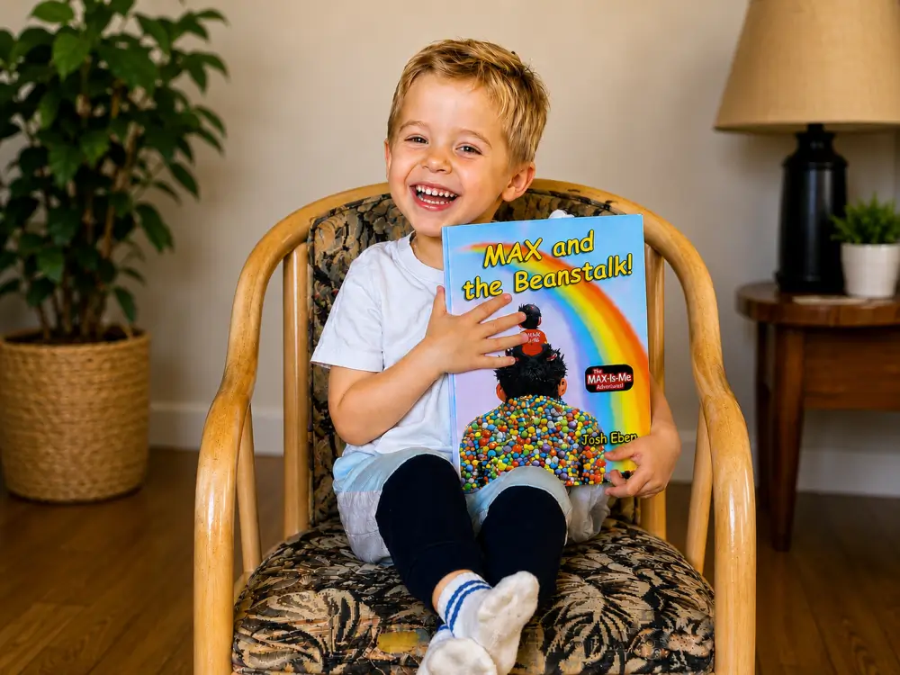Smiling young reader holding MAX and the Beanstalk!