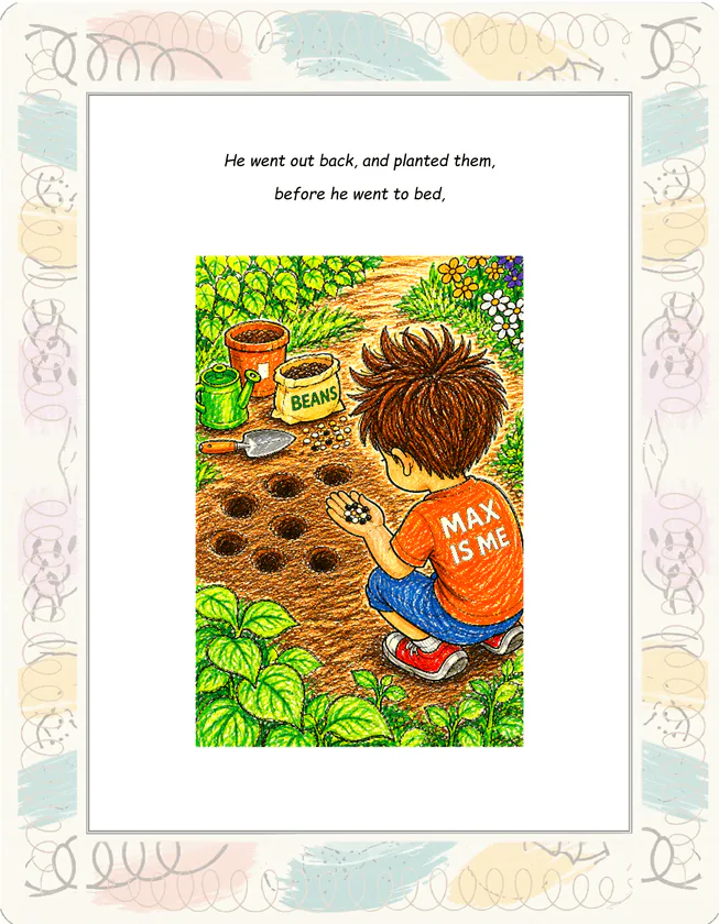 An illustrated book page showing MAX and his puppy planting beans