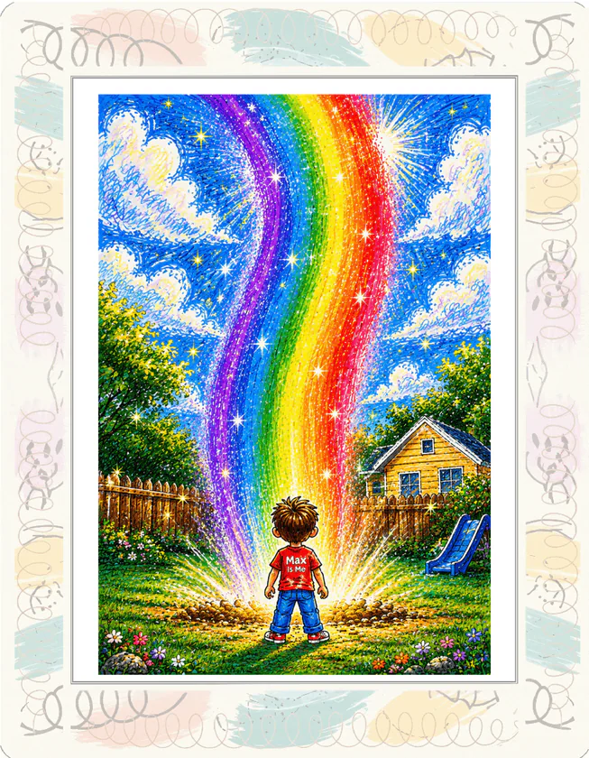 An illustrated book page showing MAX looking up at a brilliant rainbow growing into the sky